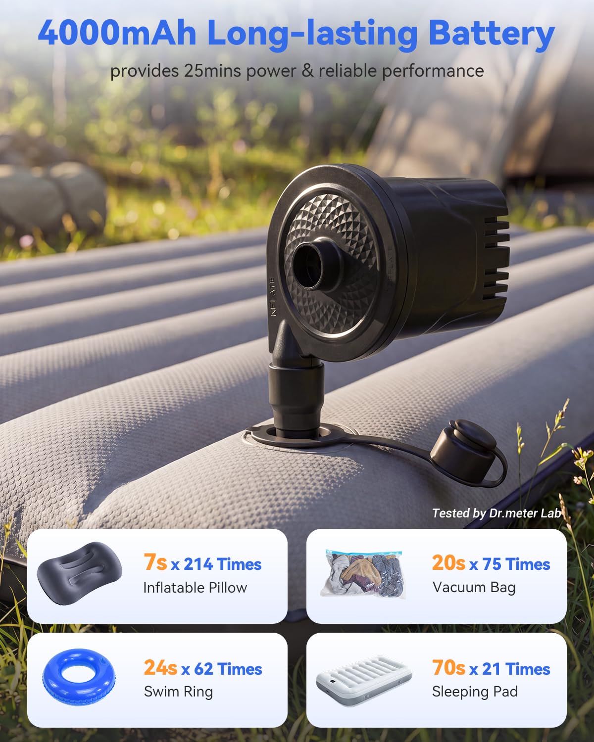 Dr. Meter Rechargeable Air Pump for Inflatables, 4000 mAh