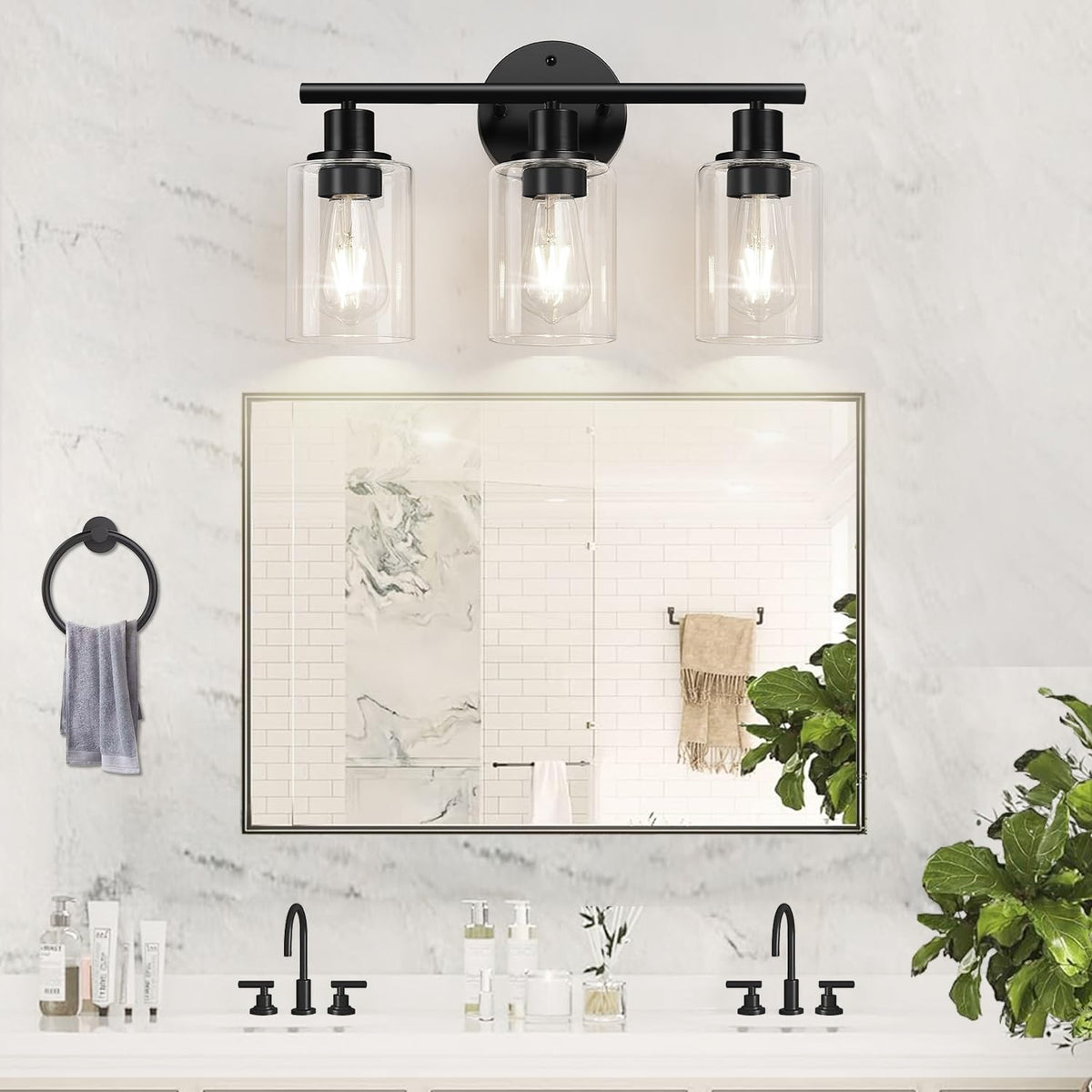 3-Light Black Bathroom Vanity Light with Clear Glass