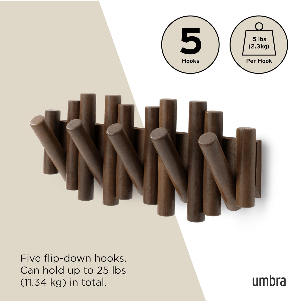 Umbra Picket Wall-Mounted Coat Rack, 5 Retractable Pegs, Walnut