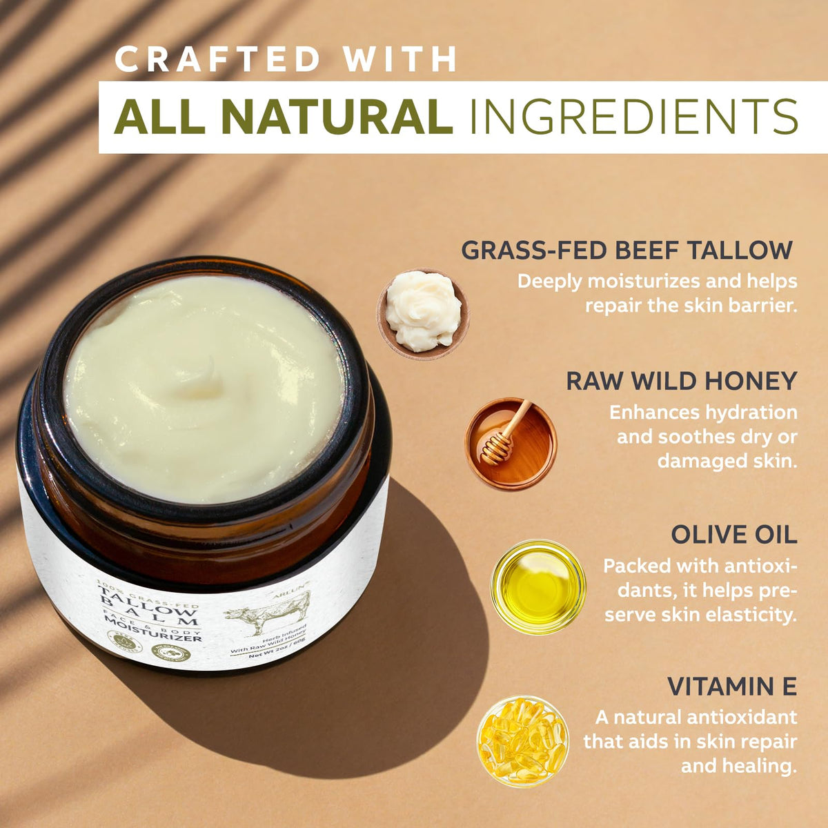 Beef Tallow and Honey Balm with Raw Honey and Olive Oil, Unscented