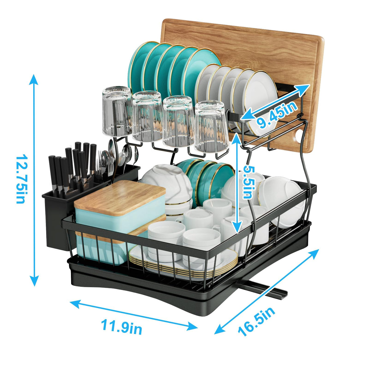 7 Code 2-Tier Large Dish Drying Rack with Drain Board, Black