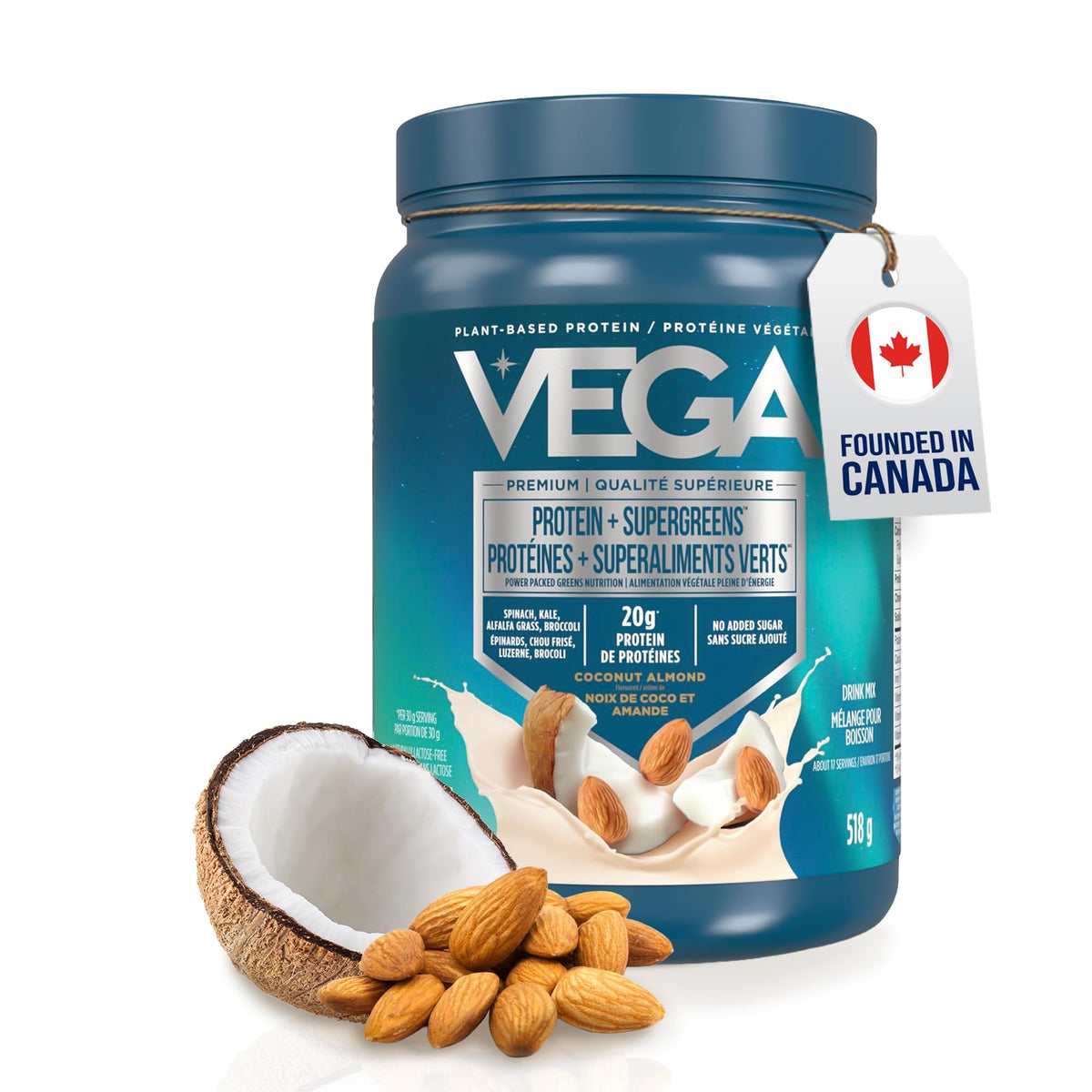 Vega Protein + Supergreens Plant Protein Powder, Coconut Almond, 518g