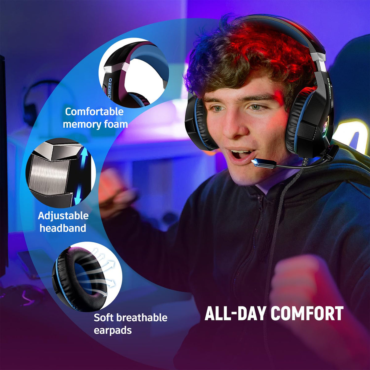 Ozeino Gaming Headset with Mic and RGB Lights, Blue