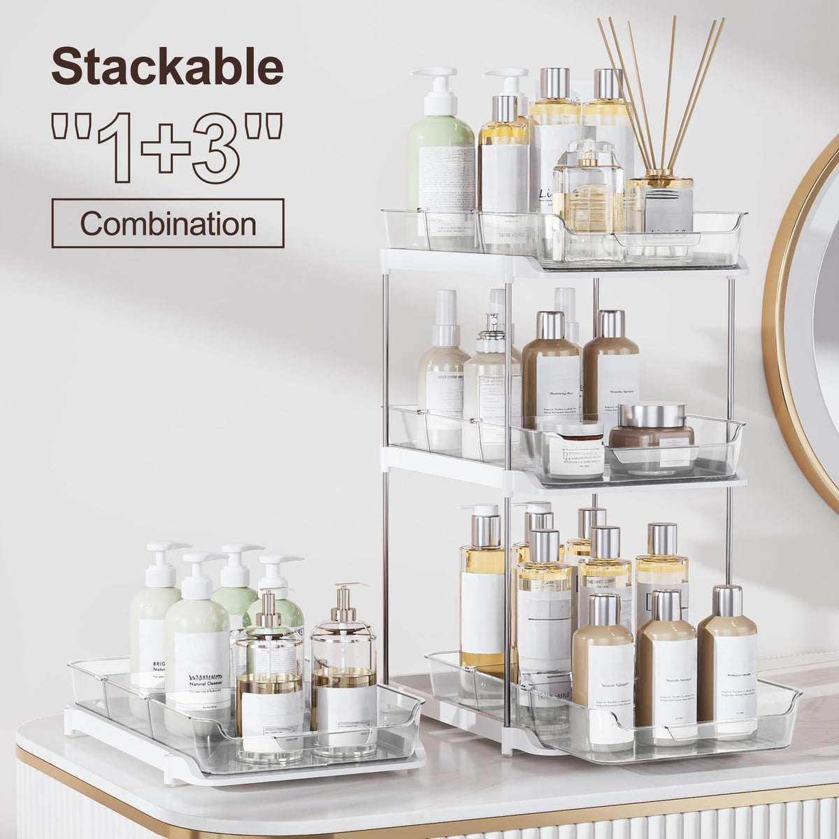 Delamu 2-Tier Under Sink Organizer with Dividers, White, 2 Pack