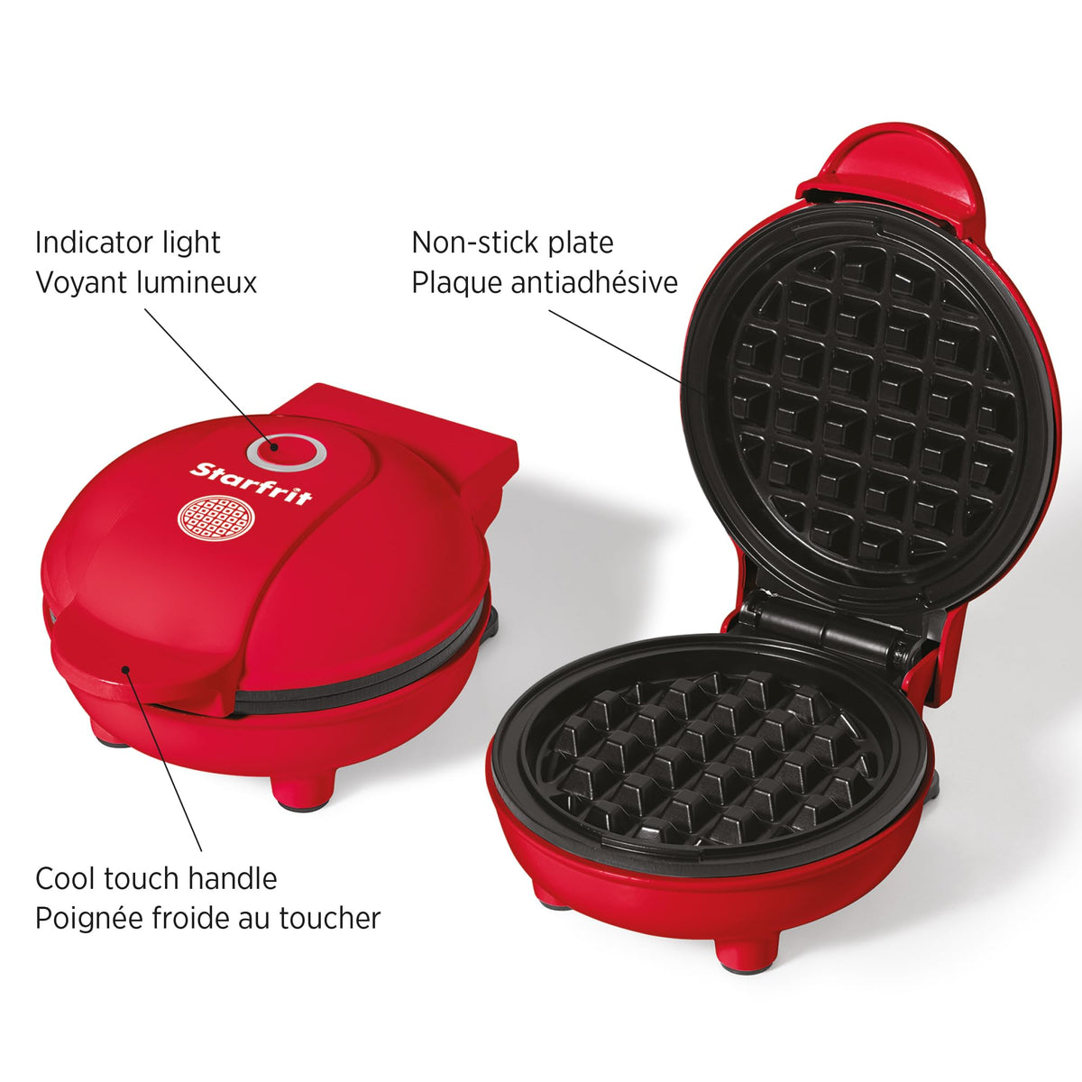 Starfrit Electric Mini Waffle Maker, 4 Inch, Red, 350 W