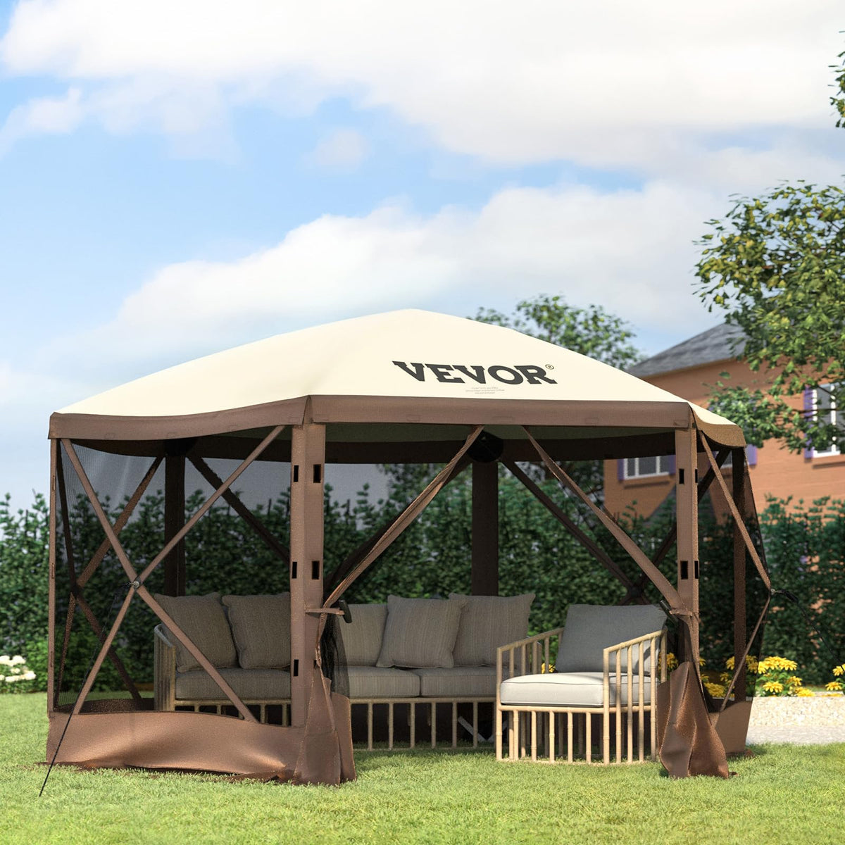 VEVOR 6-Sided Pop-Up Gazebo Screen Tent, 12' x 12', Brown & Beige