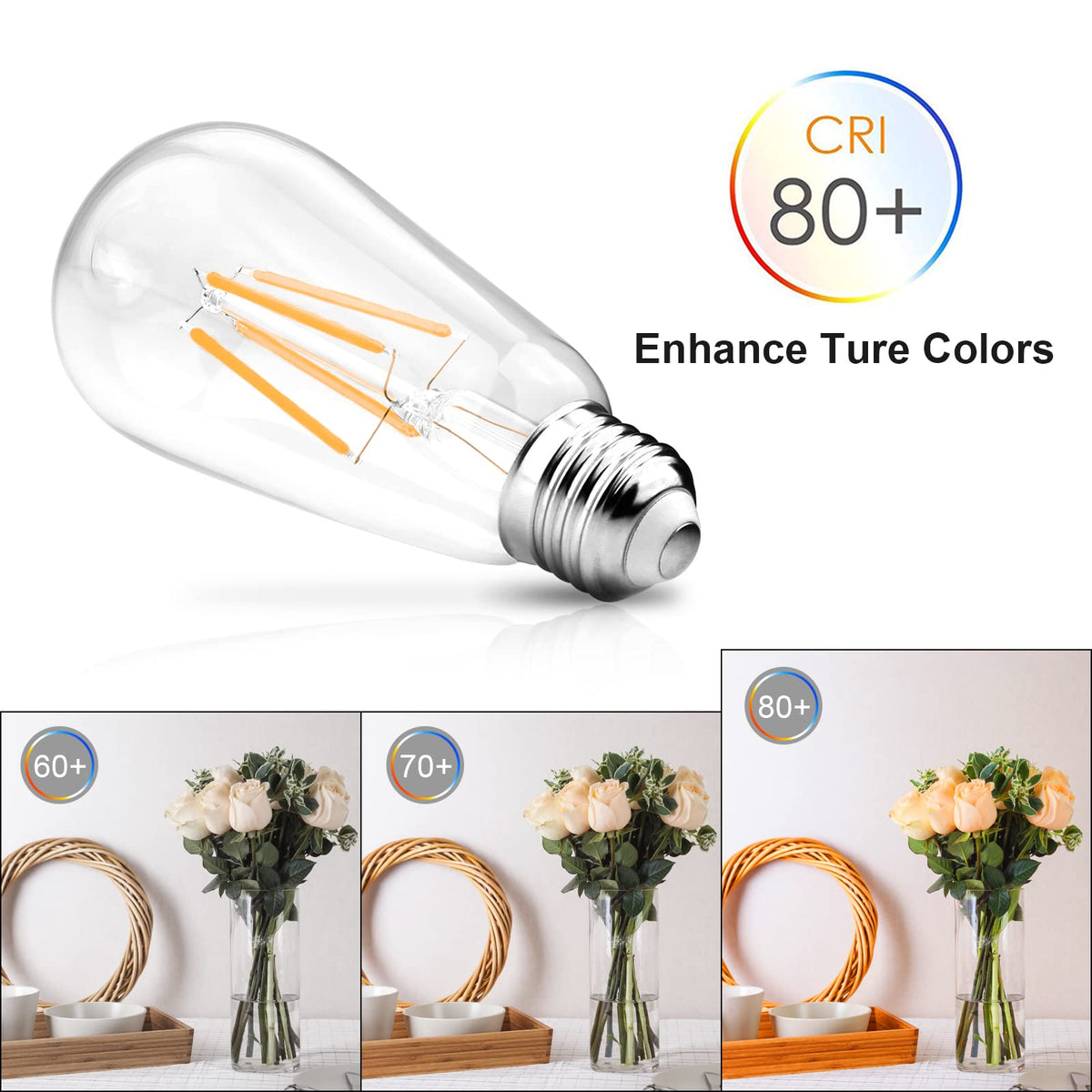 Ascher Vintage LED Edison Bulbs, ST58, 6W, E26 (4 Pack)