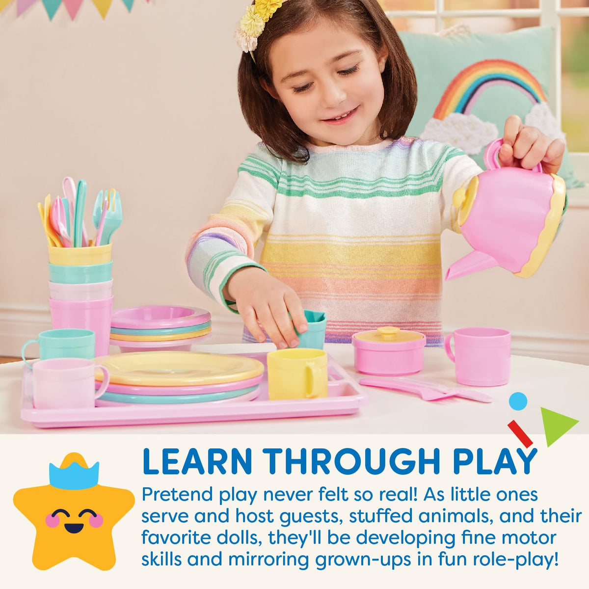 Battat Play Circle Dish Set, Dishes Wishes Dinnerware, 34 Pieces