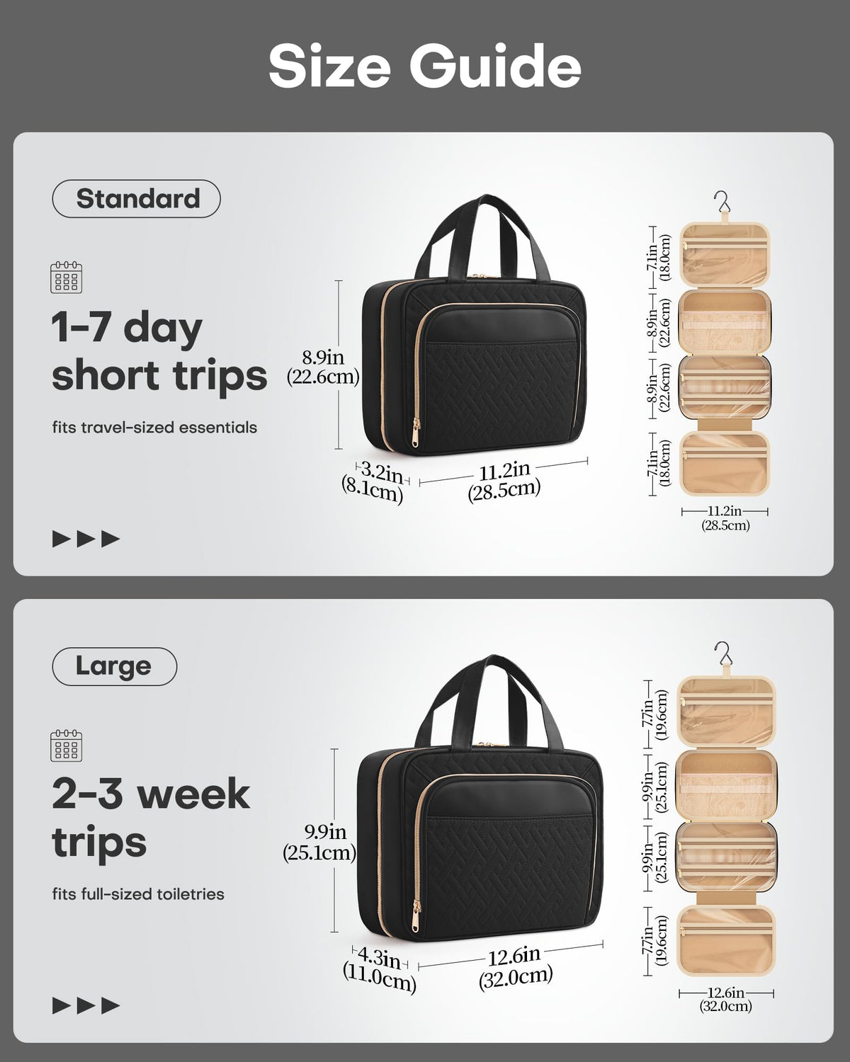 HOTOR Hanging Travel Toiletry Bag, Waterproof, Black, Medium