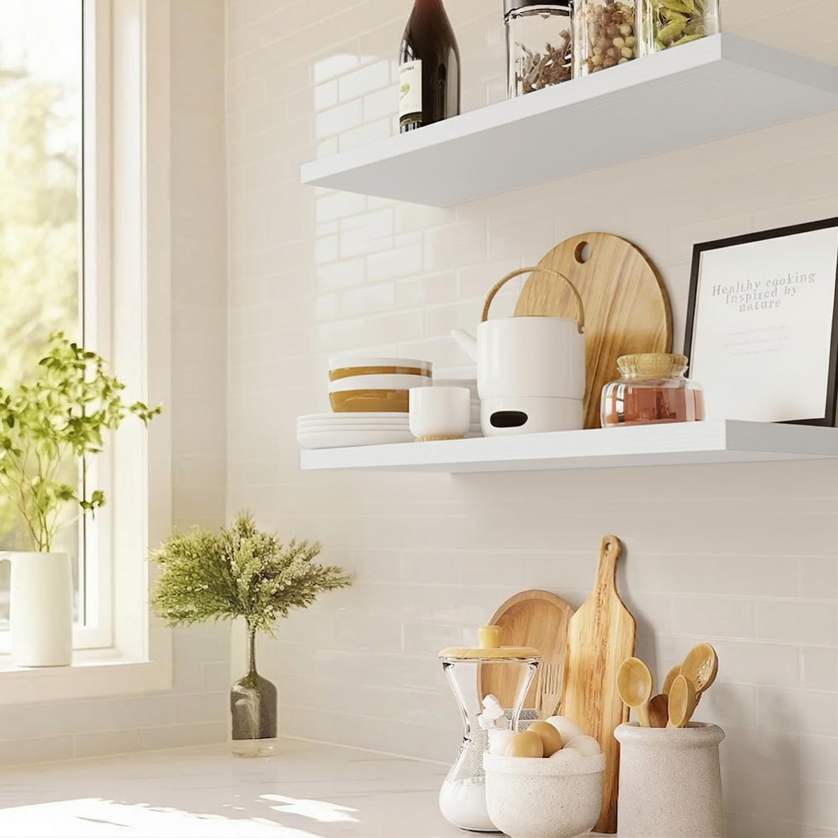 Amada Floating Shelves with Invisible Brackets, 24", White, Set of 2