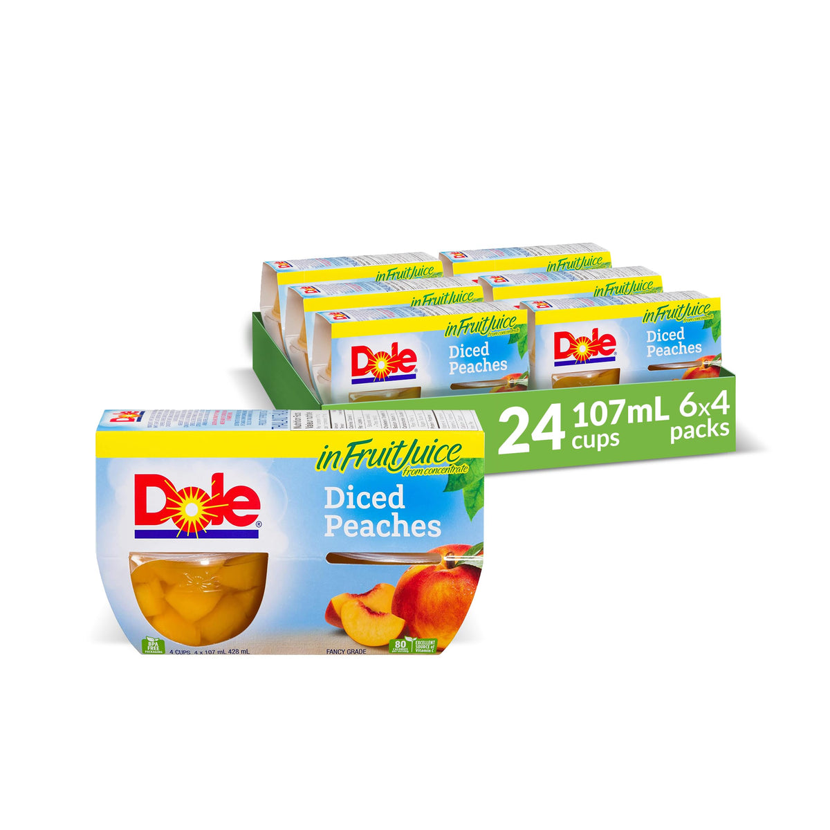 Dole Fruit Bowls, Diced Peaches in Fruit Juice, 107ml, 24 Cups