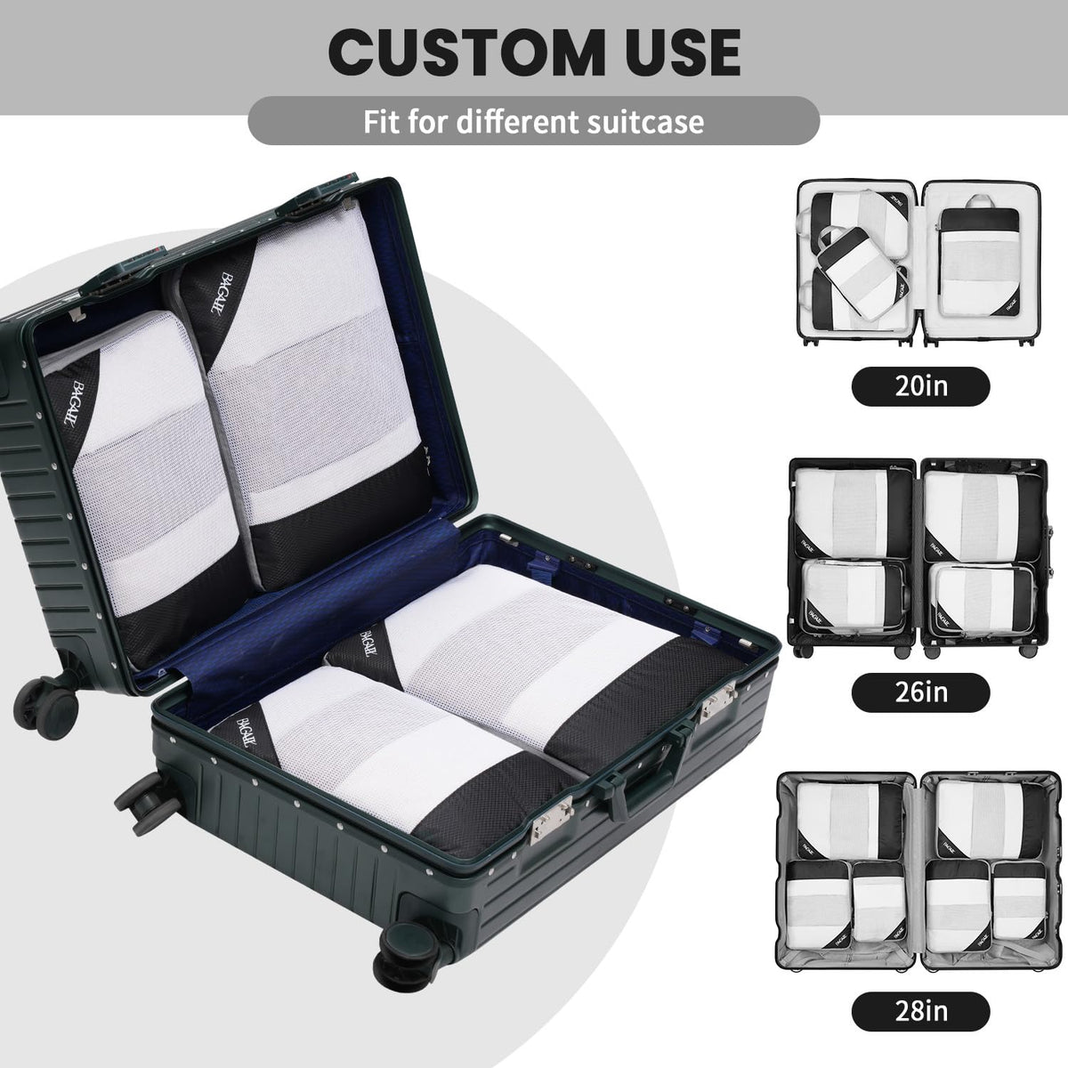 BAGAIL Compression Packing Cubes, 6 Set, Jet Black