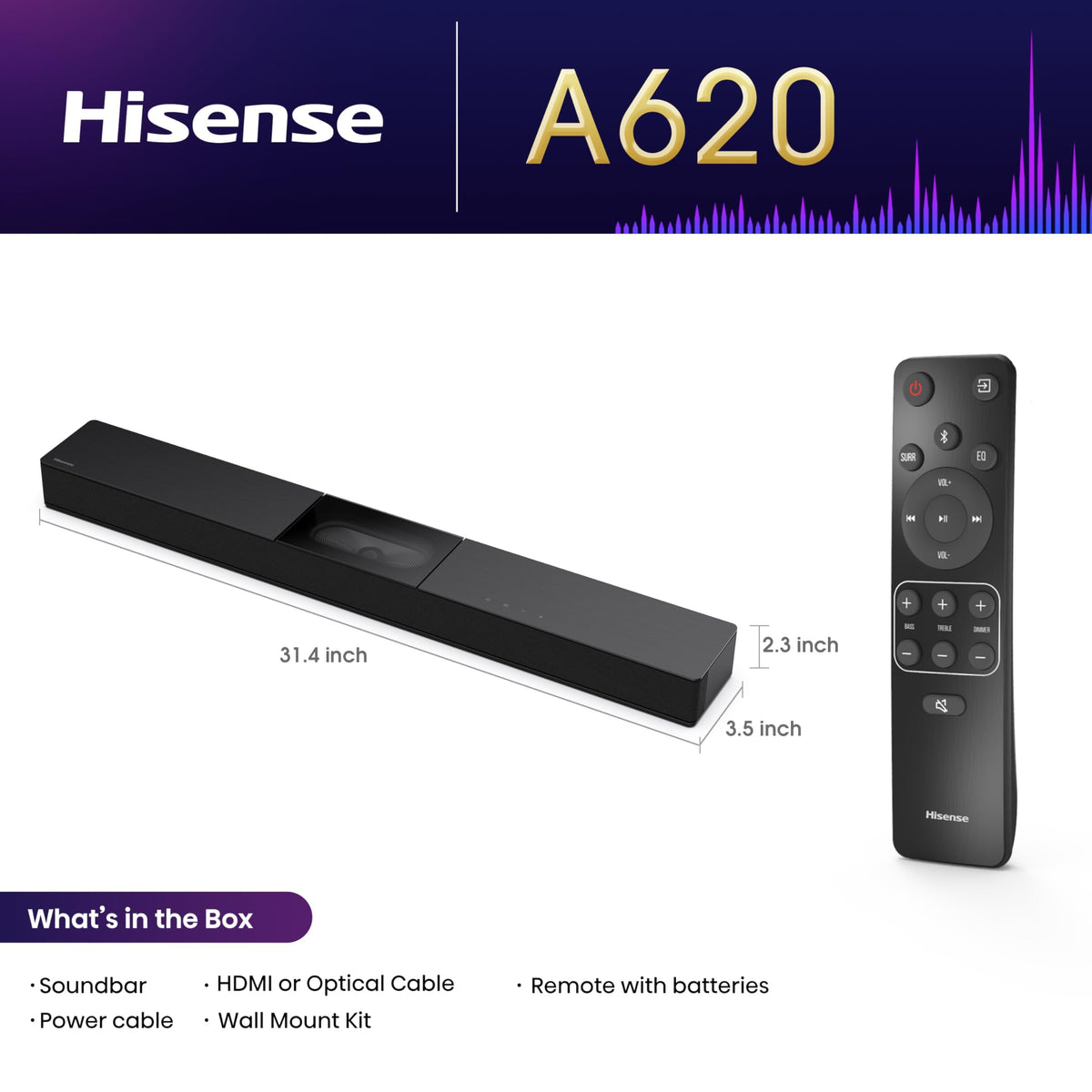 Hisense A620 2.1ch All-in-One Soundbar with Built-in Subwoofer, 240W
