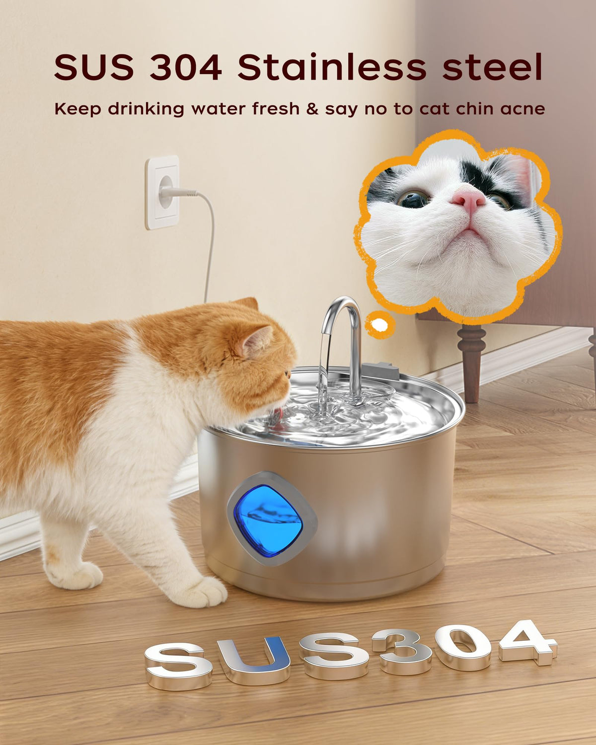 Stainless Steel Cat Water Fountain, 2.8L/94oz, 2 Filters, 2 Sponges
