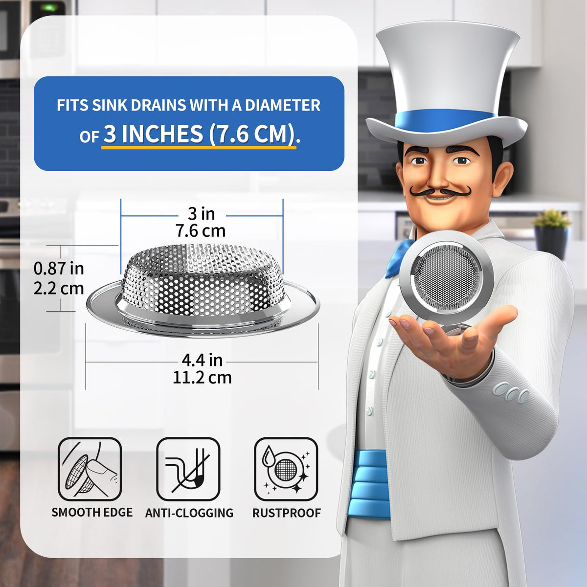 MR.SIGA Stainless Steel Kitchen Sink Strainer, 4.4" (3 Pack)