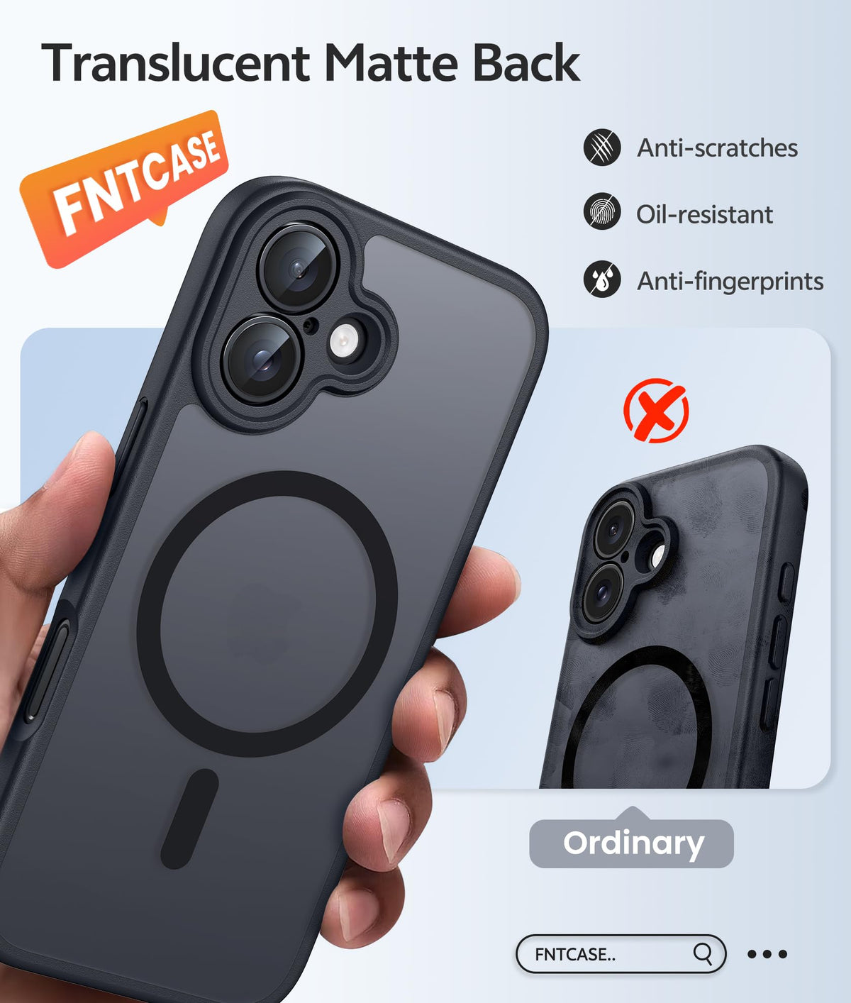 FNTCASE Magnetic Translucent Matte Case for iPhone 16, Black