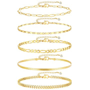 14K Gold-Plated Layered Anklet Set for Women, 5 Pieces, Adjustable