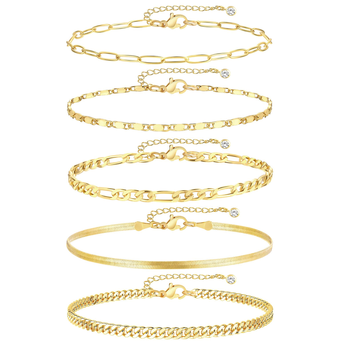 14K Gold-Plated Layered Anklet Set for Women, 5 Pieces, Adjustable