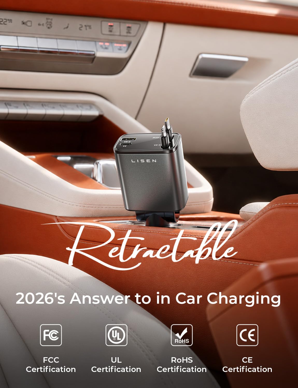 LISEN Retractable Car Charger, 84W USB C