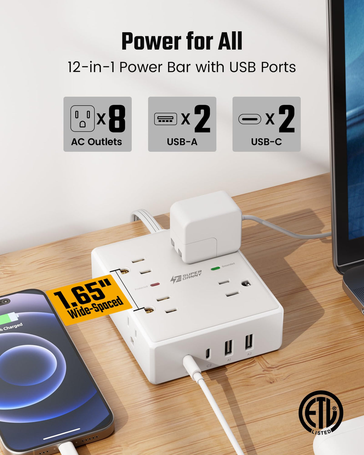 SUPERDANNY Flat Plug Surge Protector, 8 Outlets, 4 USB, 6 ft, White
