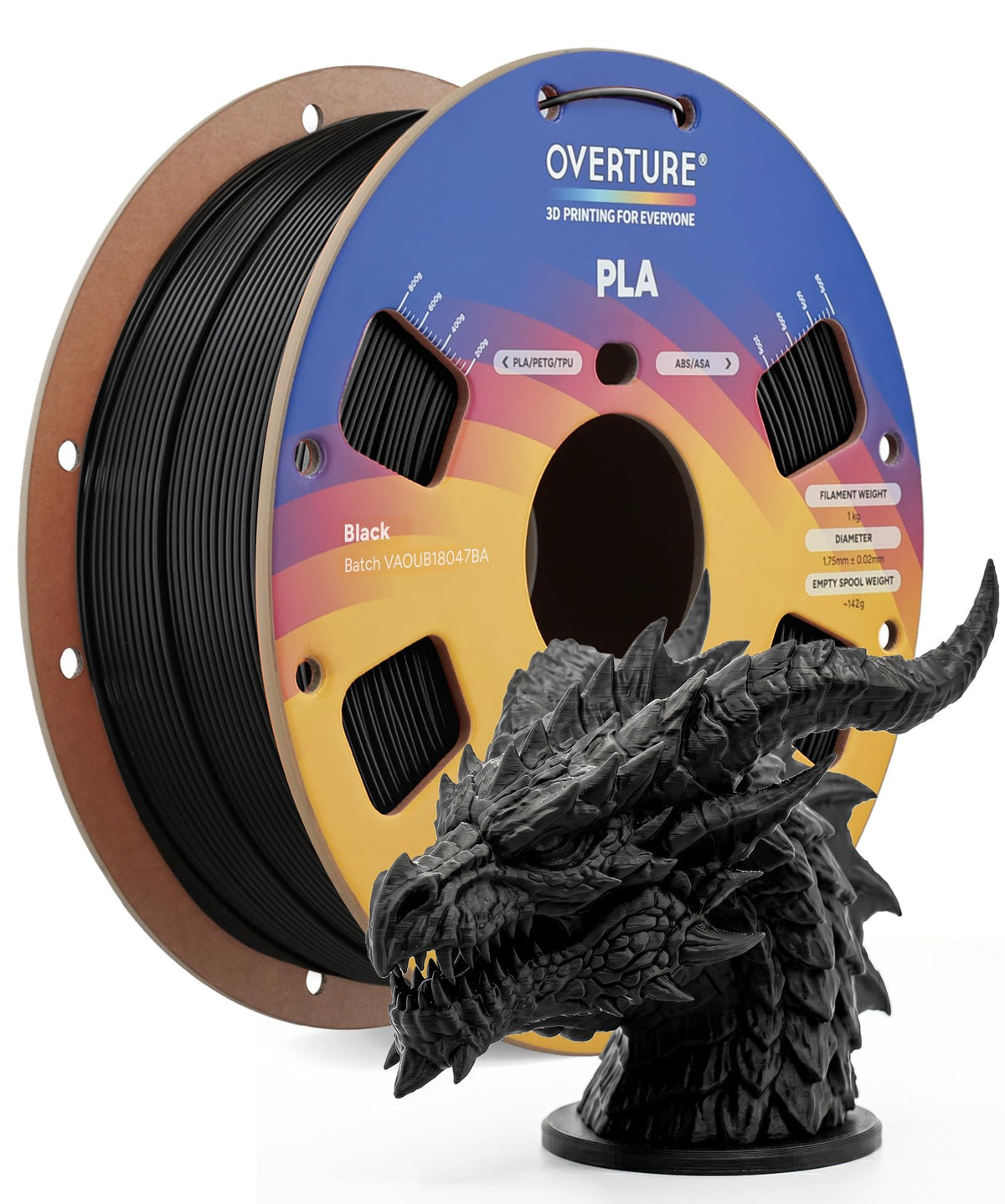 OVERTURE PLA 3D Printer Filament, 1.75 mm, 1 kg, Black
