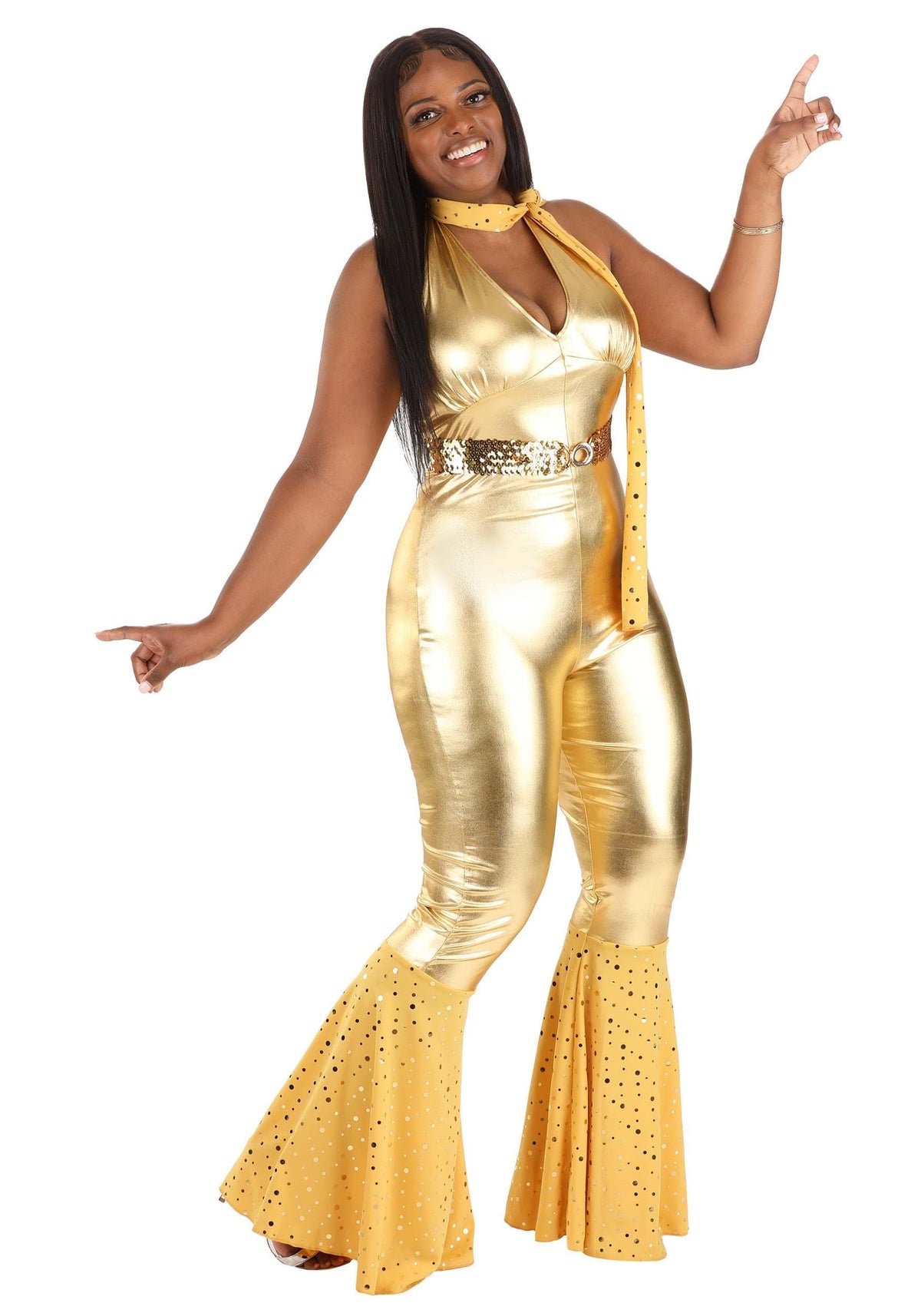 Dreamgirl Women's 70s Disco Fox Costume, Gold Jumpsuit, X-Large