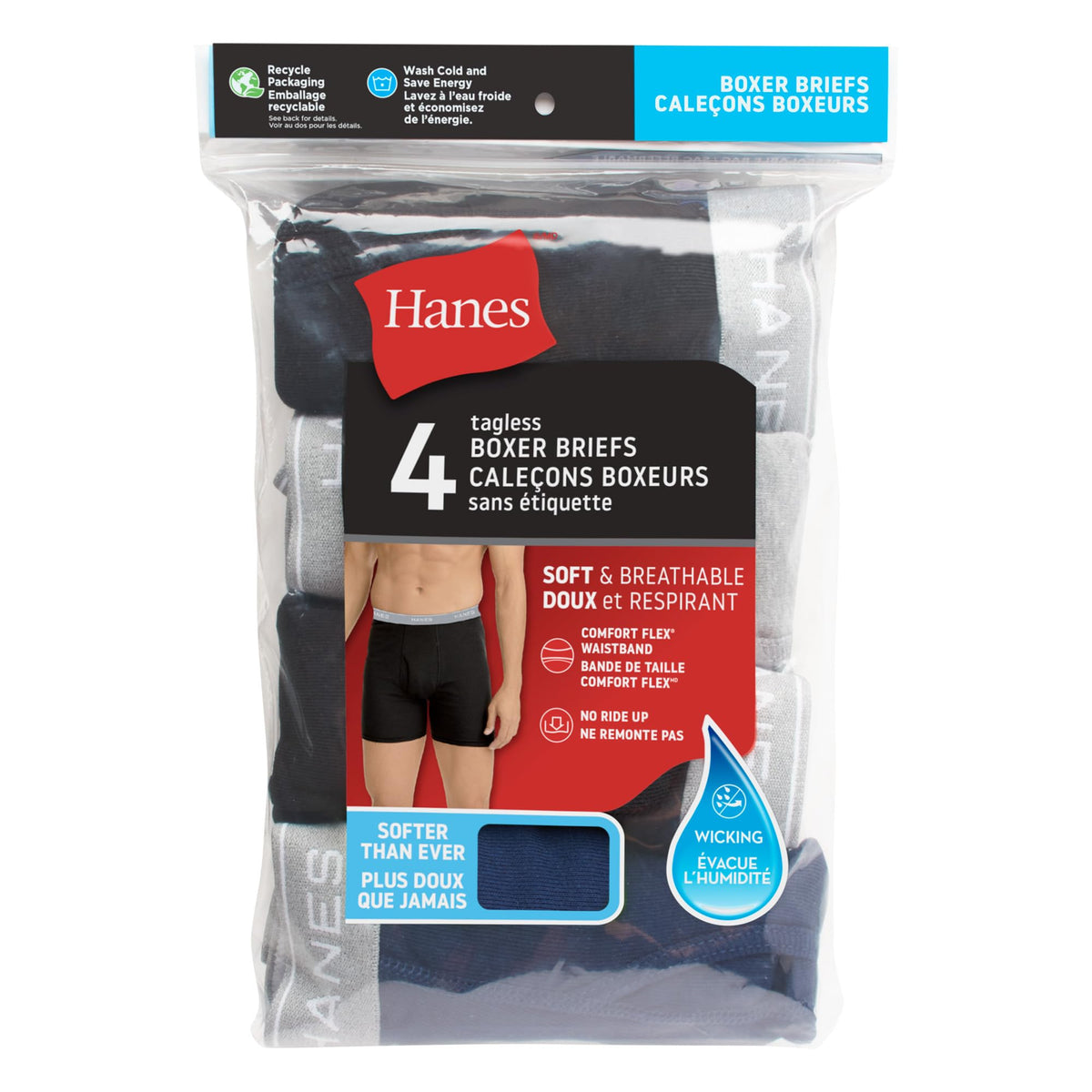 Hanes Men's Boxer Briefs, 4-Pack, Black/Grey, M