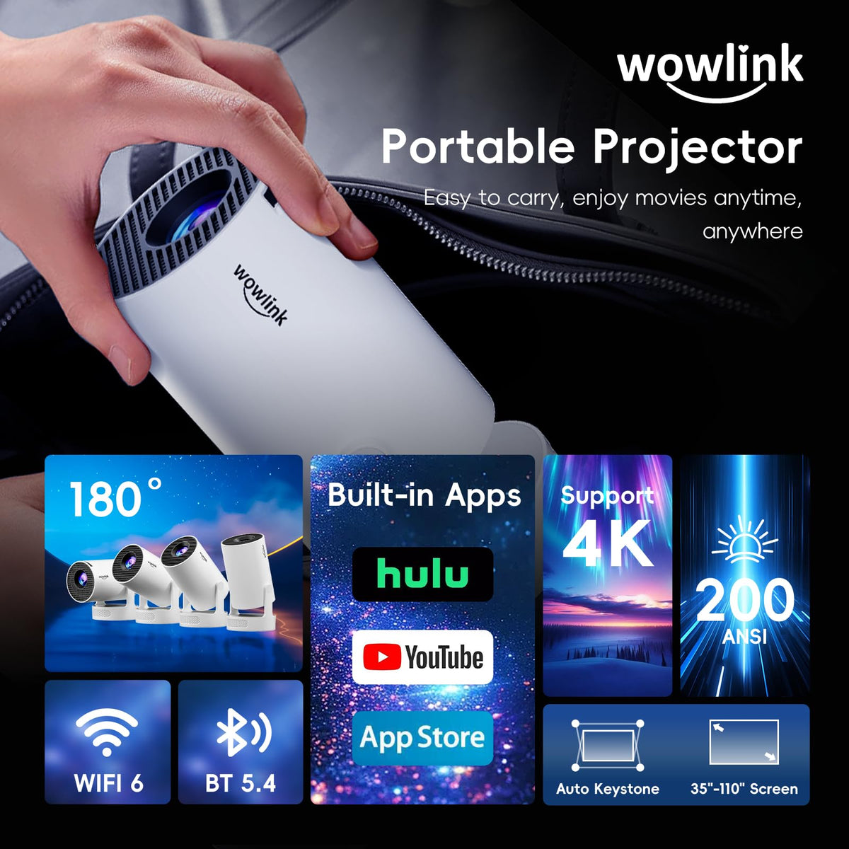 Mini Projector with WiFi 6 & Bluetooth 5.4, 4K Support, White