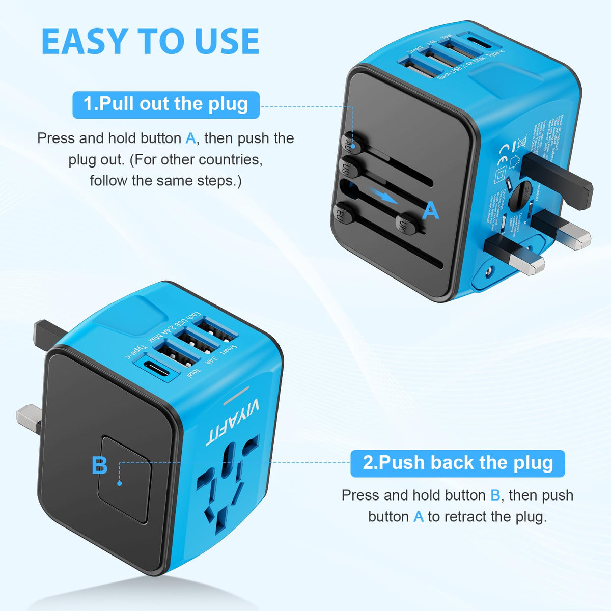 International Travel Power Adapter, Blue