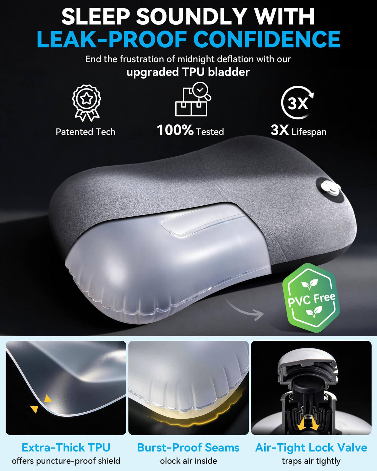 Hikenture Inflatable Camping Pillow with Removable Cover, Black