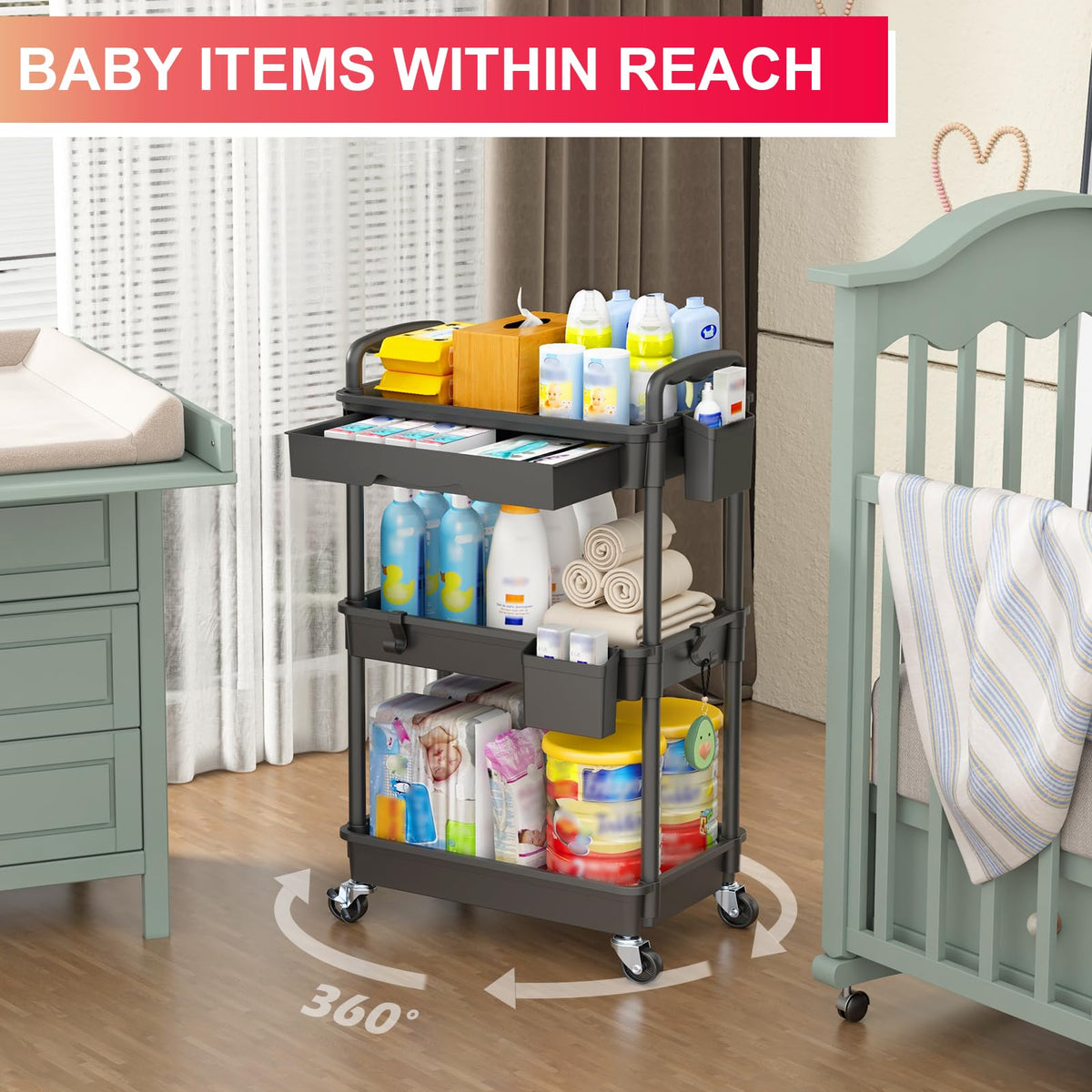 Goovilla 3 Tier Rolling Utility Cart with Removable Drawer, Black