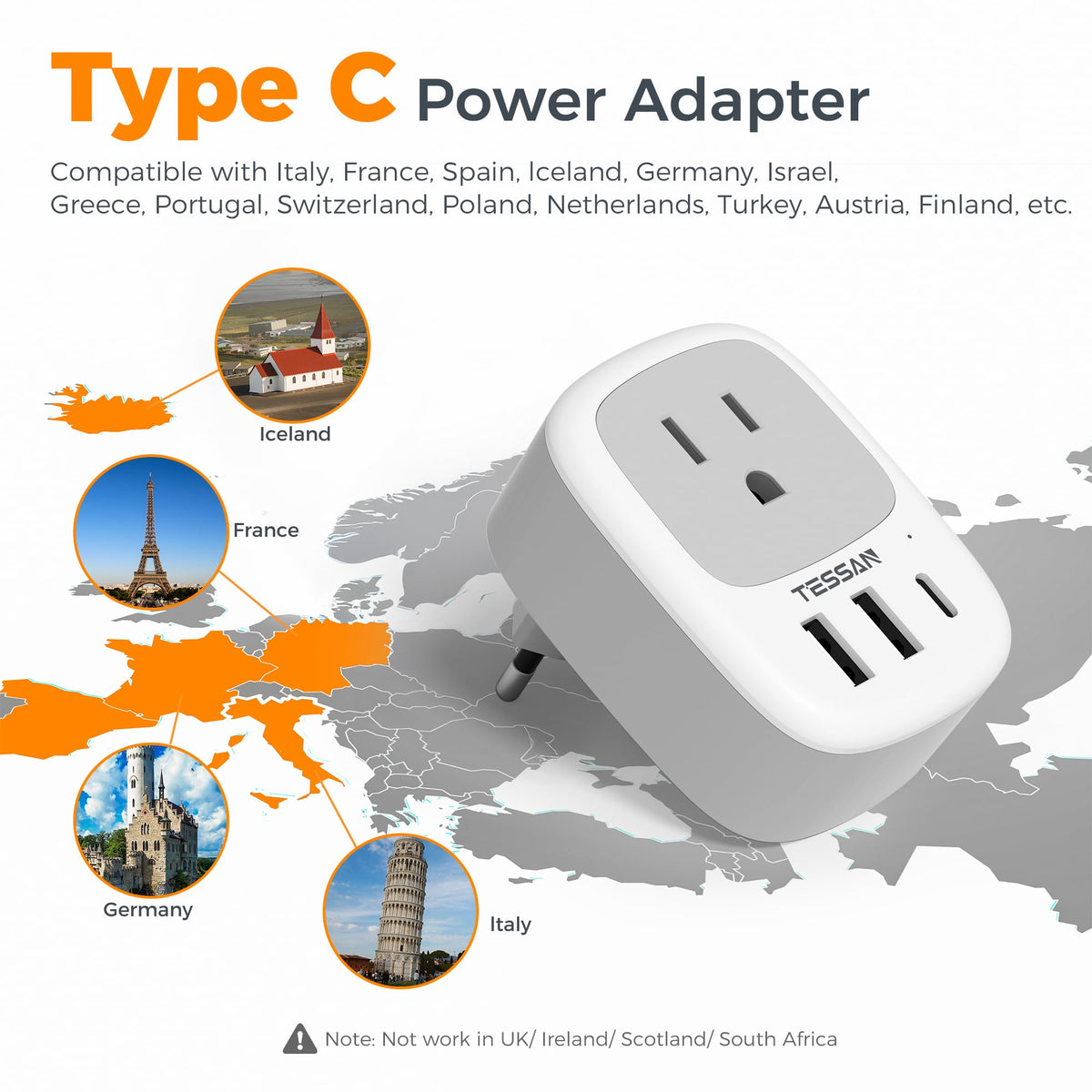 TESSAN Canada to European Travel Adapter, 2 Pack