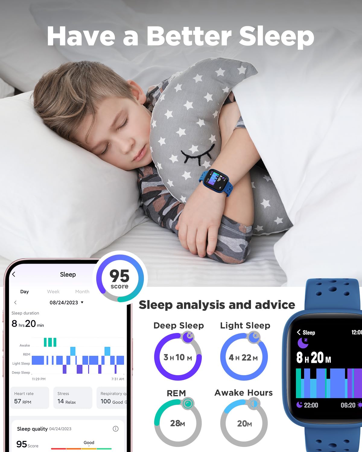 BIGGERFIVE Kids' Smart Fitness Tracker Watch, Blue