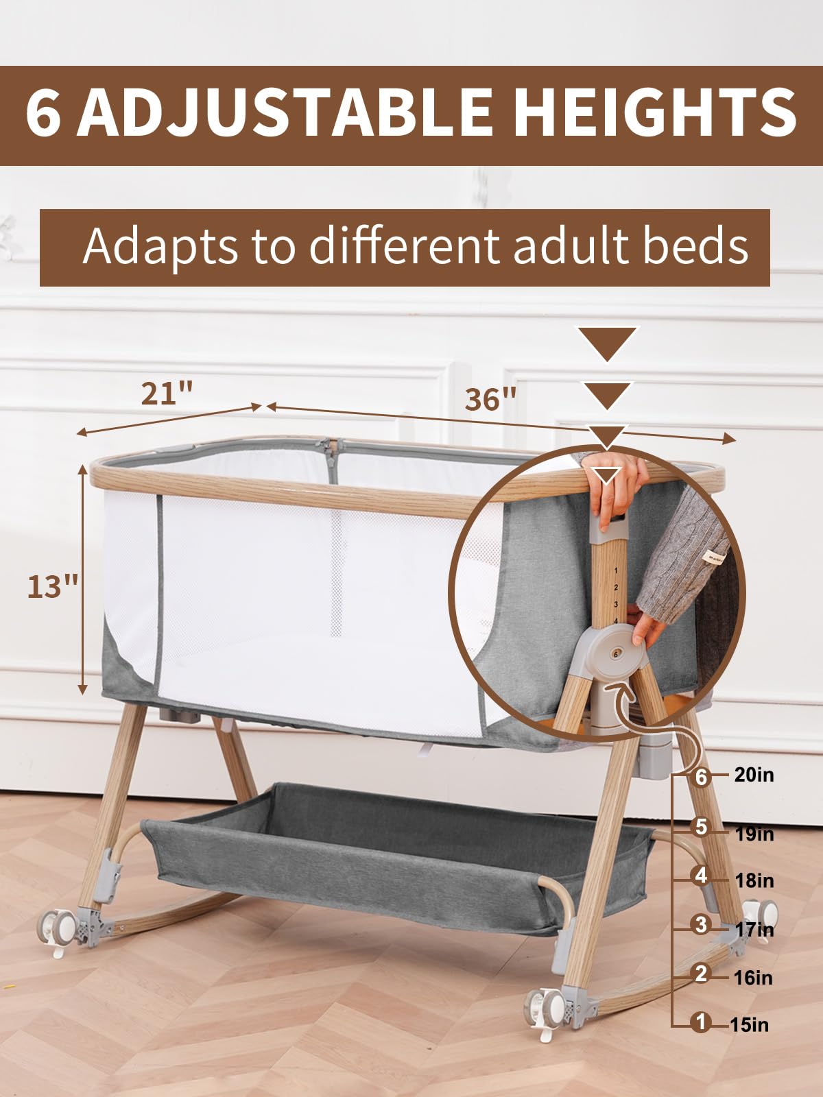 3-in-1 Bedside Sleeper Baby Bassinet with Wheels, Grey