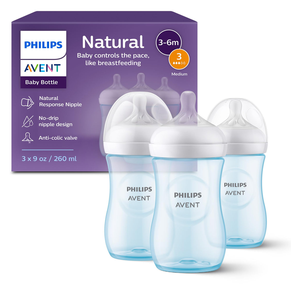 Philips Avent Natural Baby Bottles, Medium Flow, 9 oz, Blue (3 Pack)