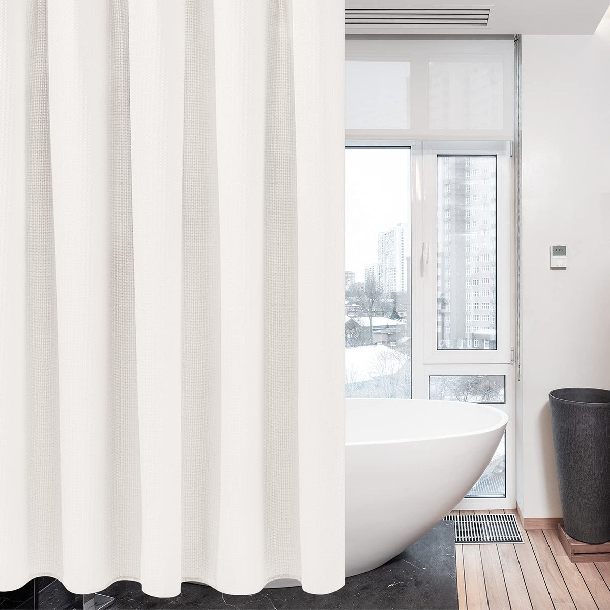 Waffle Weave Fabric Shower Curtain with Hooks, 72" x 72", White