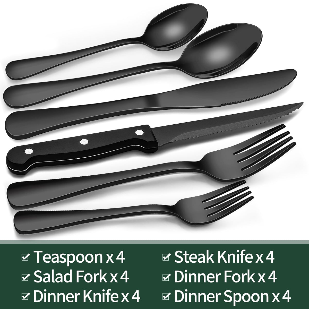 Black Stainless Steel Silverware Set with Steak Knives (24 Piece)