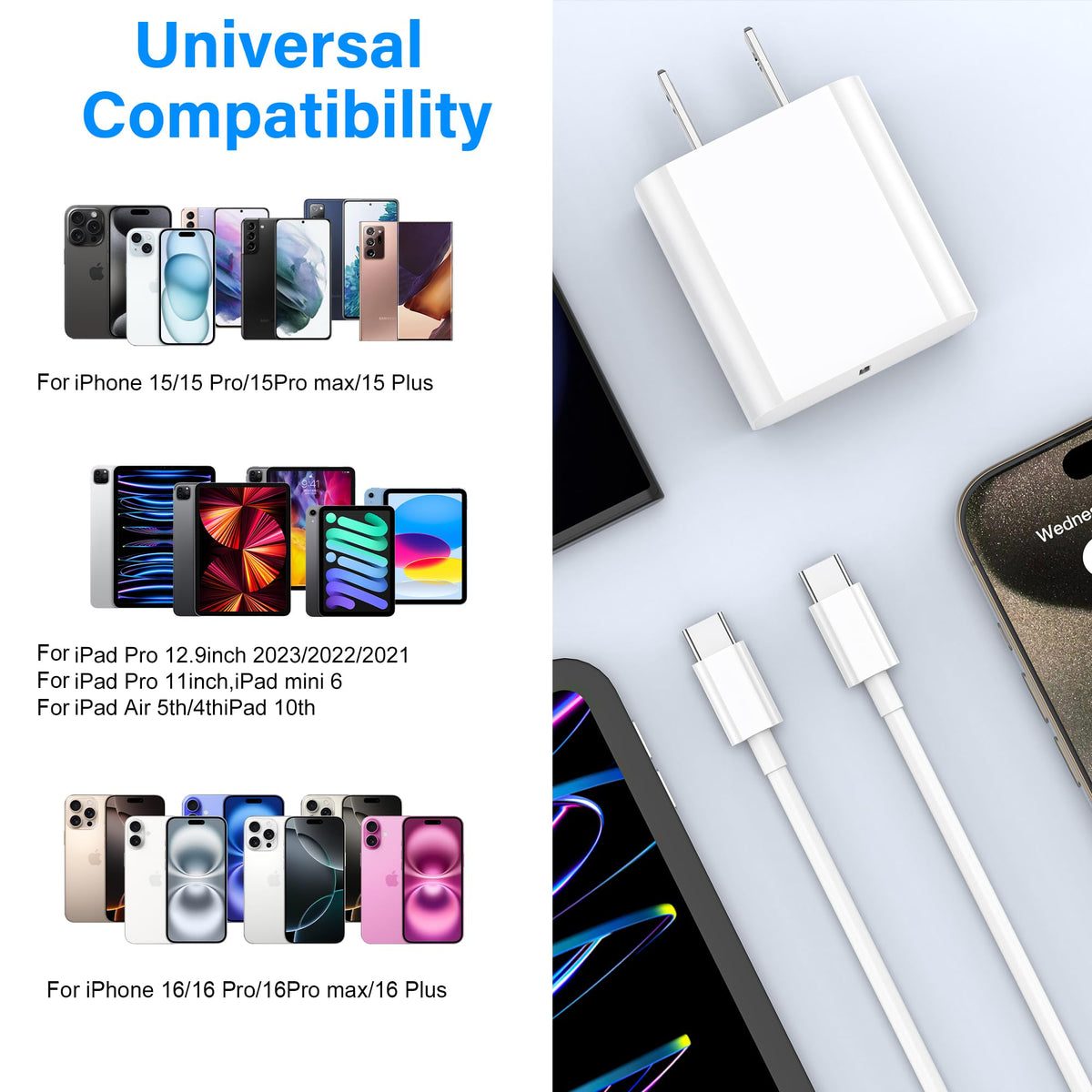 20W USB-C Fast Wall Charger with 6ft USB C Cable, 3 Pack