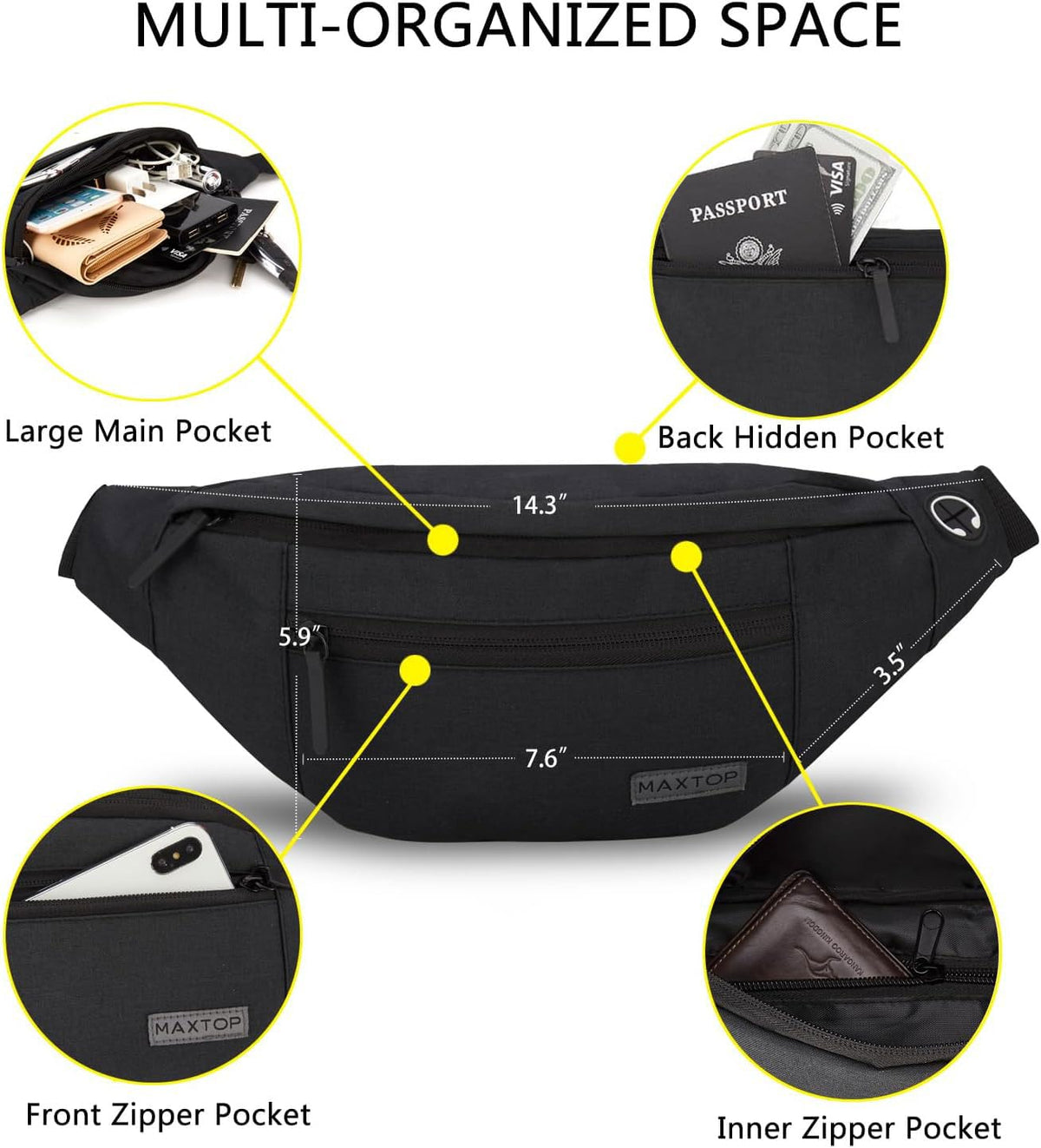 MAXTOP Large Water-Resistant Fanny Pack with 4 Zipper Pockets