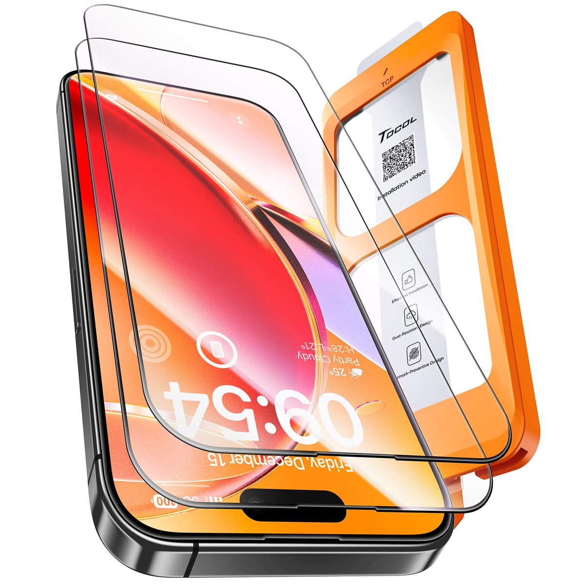 TOCOL Tempered Glass Screen Protector for iPhone 16, 2 Pack