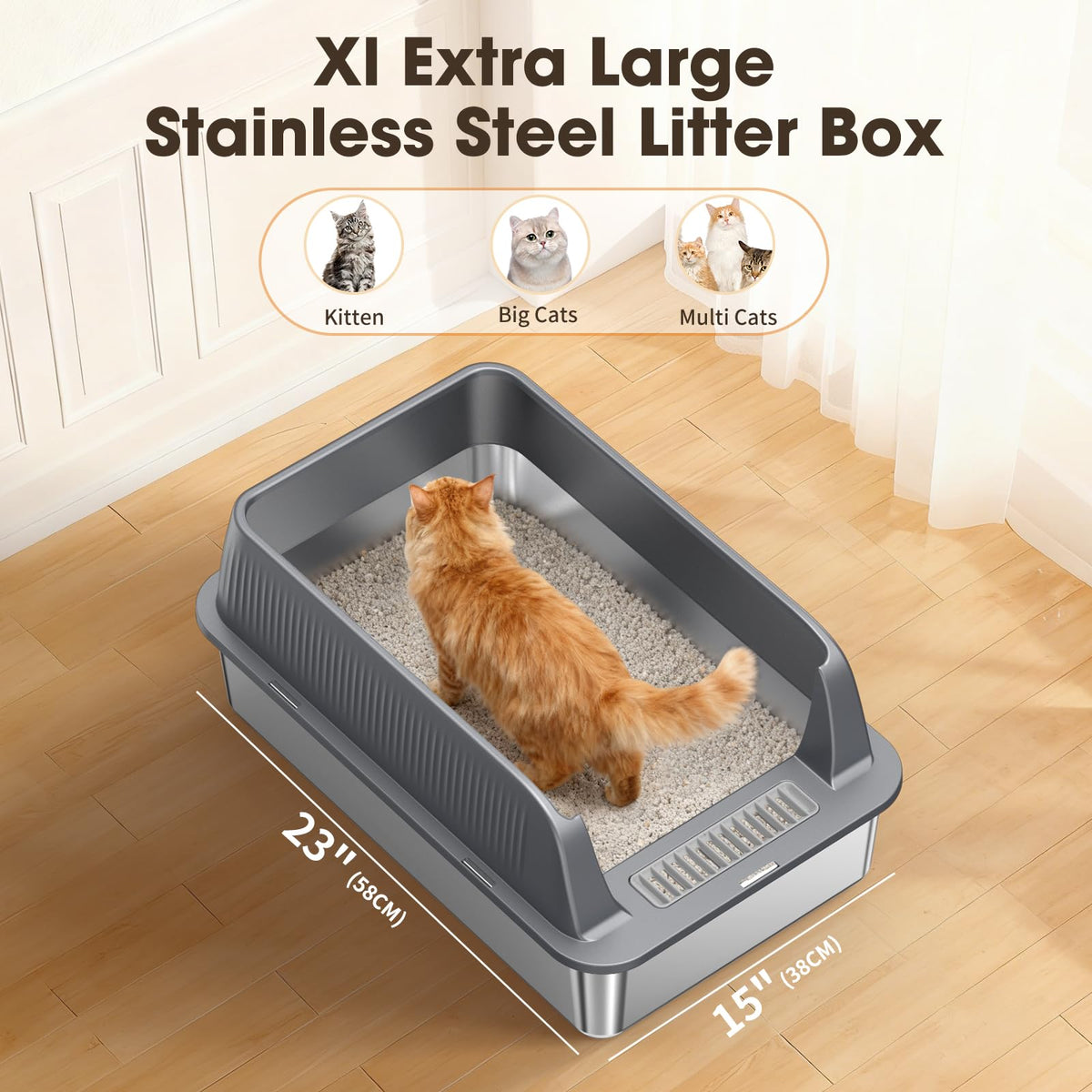 XL Stainless Steel Cat Litter Box with High Sides & Lid