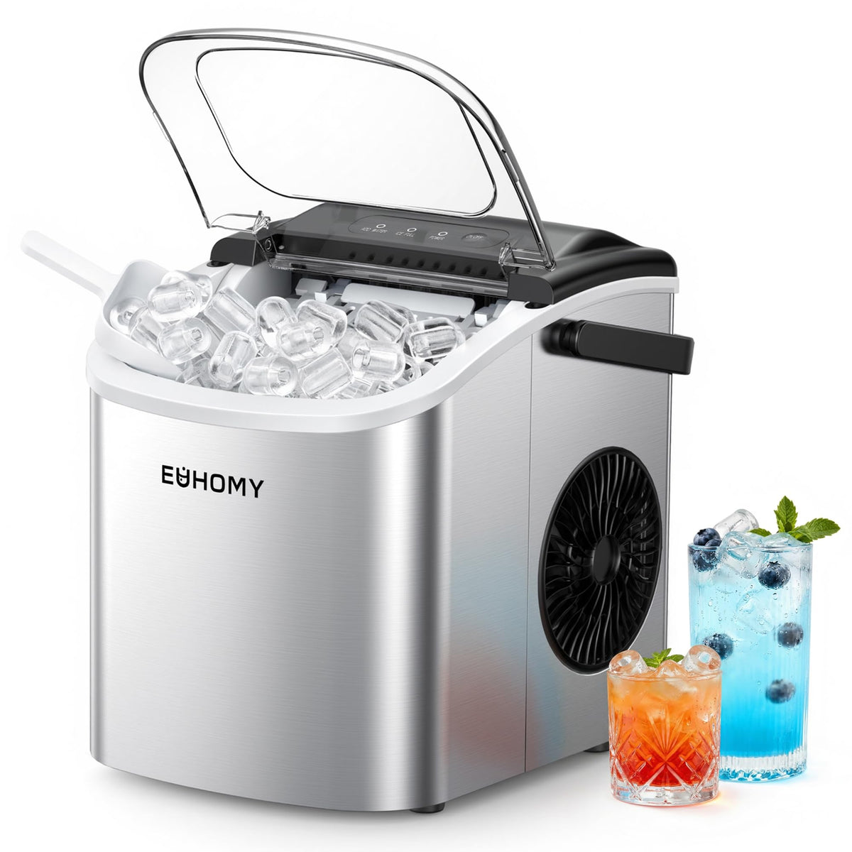 Euhomy Countertop Ice Maker with Handle, 26lbs Per Day, Silver