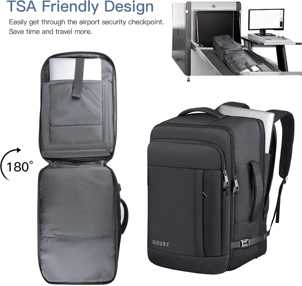 Carry On Travel Backpack, 50L, Expandable to 40L, Black