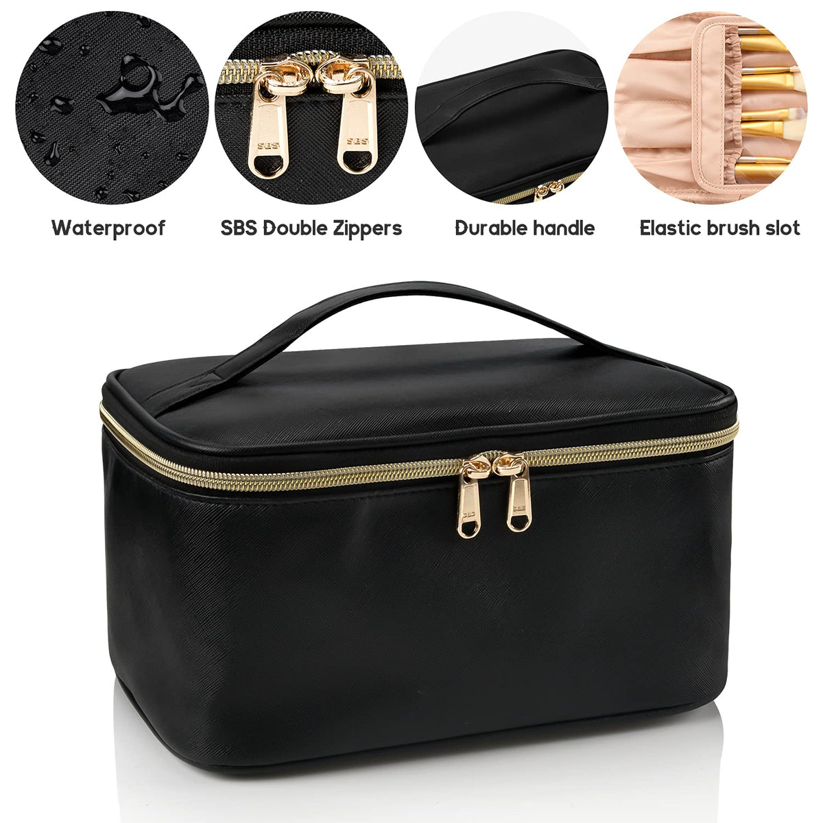 Large Capacity Travel Makeup Bag with Handle and Divider, Black