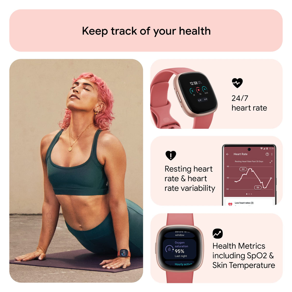 Google Fitbit Versa 4 Fitness Smartwatch, Pink Sand/Copper Rose