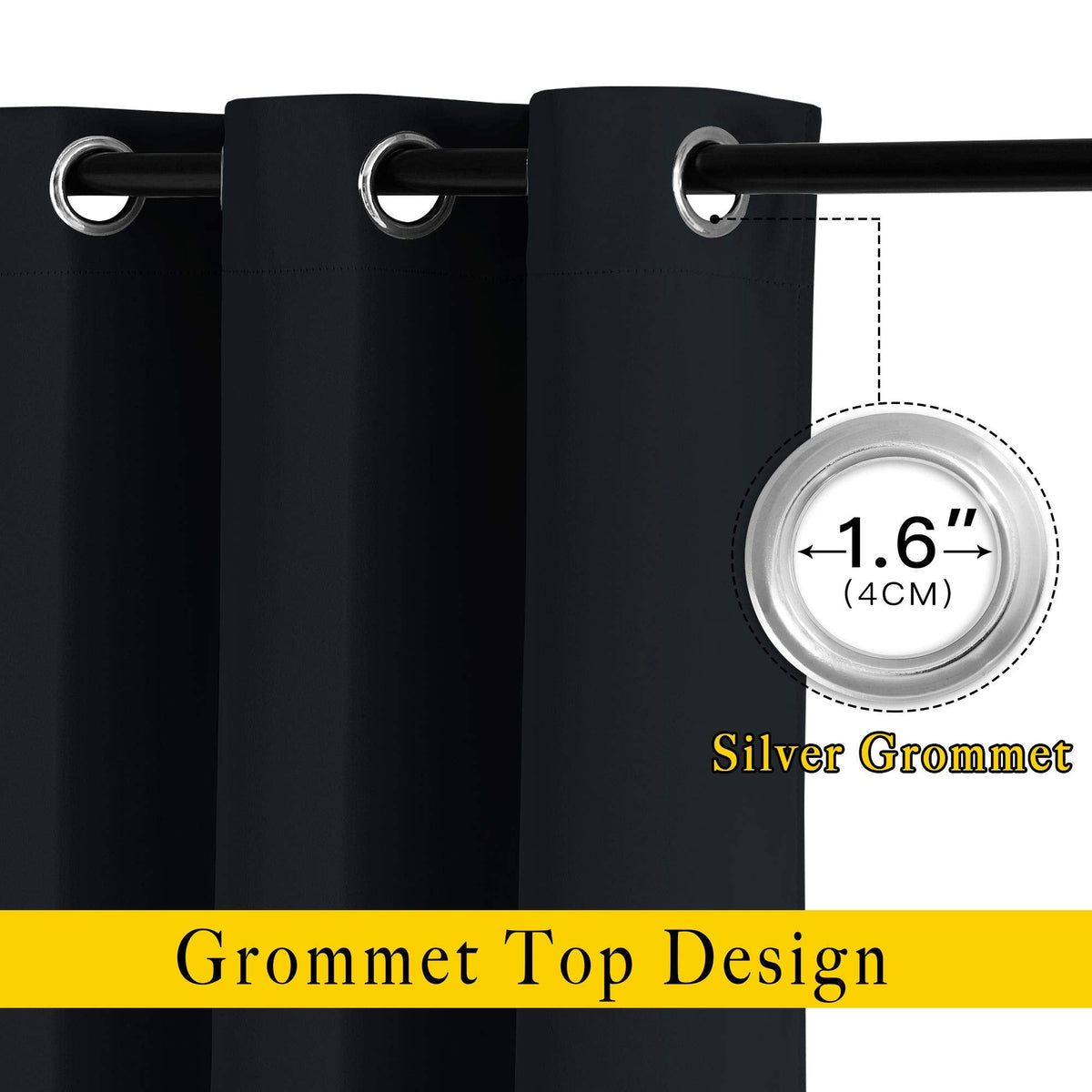 NICETOWN Blackout Grommet Curtains, 52 x 84 in, Black, 2 Panels