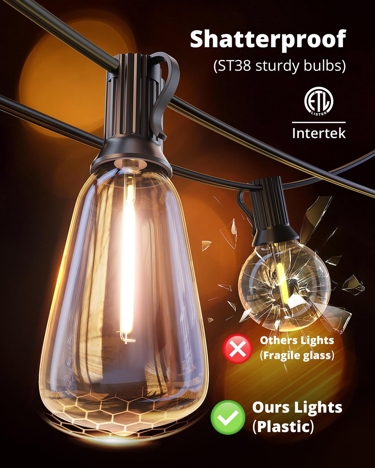VIPAR Outdoor String Lights, 60FT, 28 ST38 Edison Bulbs, 2700K