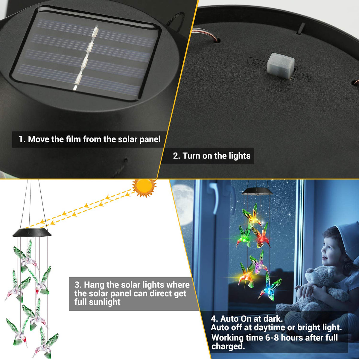 Toodour Colour Changing Solar Hummingbird Wind Chimes