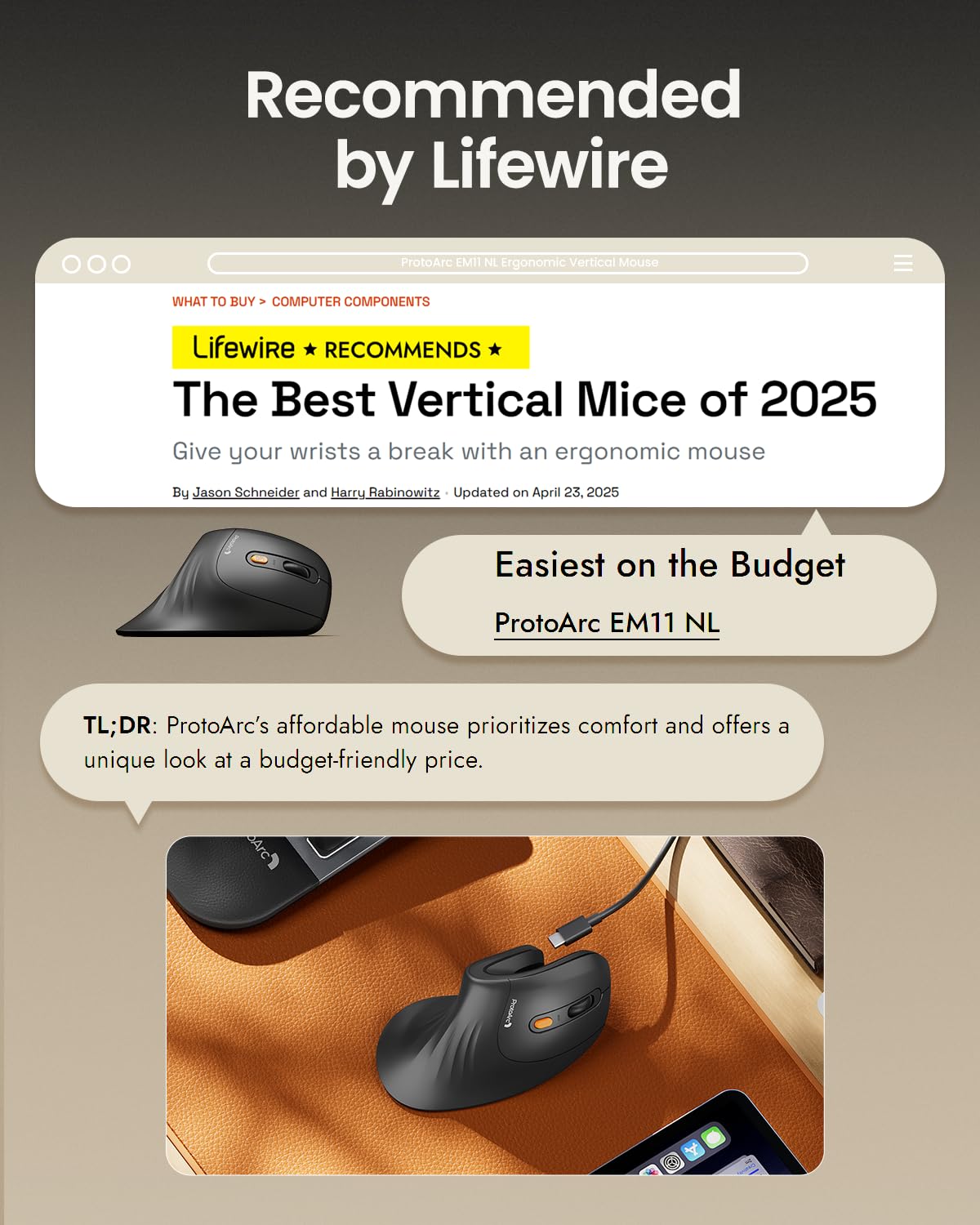 ProtoArc EM11 NL Ergonomic Vertical Mouse, Black