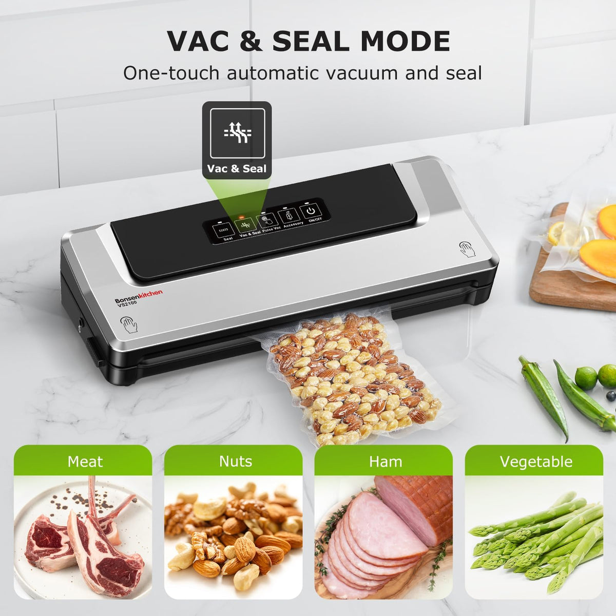 Bonsenkitchen Vacuum Sealer Machine, 90 kPa, Silver